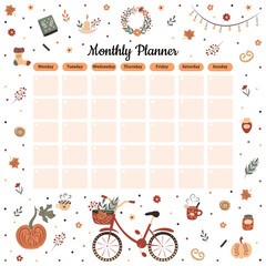 Monthly planner template in warm autumn hygge colors. School schedule. Business planning. Vector illustration.