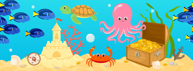 Underwater sea life seamless banner. Undersea landscape with cute turtle, octopus, crab, blue tang, sand castle  and chest full of gold coins. Vector cartoon illustration of ocean animals and fish.