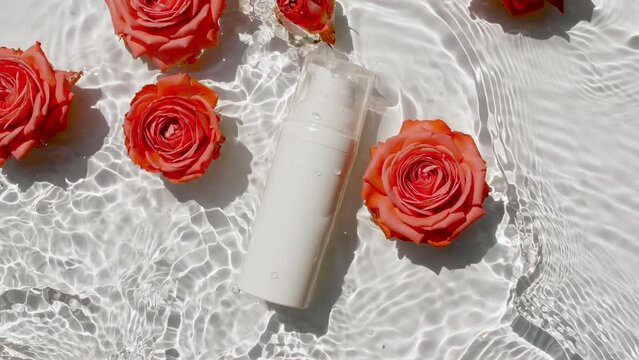 Cosmetic bottle, vial and flowers Roses on water surface with drops. Pure water with reflections sunlight and shadows. Slow motion of waves water. Packaging for design, advertising, products. 4k 