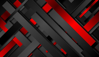 Tech geometric abstract background with red and black stripes. Vector design