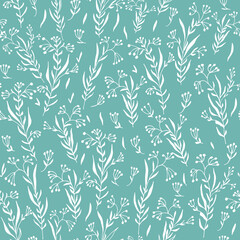 Naklejka na ściany i meble White branches and grass, seamless pattern on a blue background.