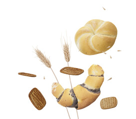 Wheat ears and pastries on transparent background. Celiac disease and gluten intolerance concept. Healthcare, healthy eating, healthy lifestyle, gluten free diet. 3D rendering.