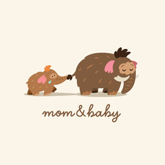 Mother mammoth with baby following her. Cartoon logotype. Vector illustration