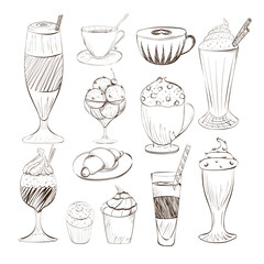set of objects sketch illustration of coffee cups black and white