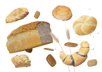 Wheat ears, bread, pastries on transparent background. Celiac disease and gluten intolerance concept. Healthcare, healthy eating, healthy lifestyle, gluten free diet. 3D rendering.