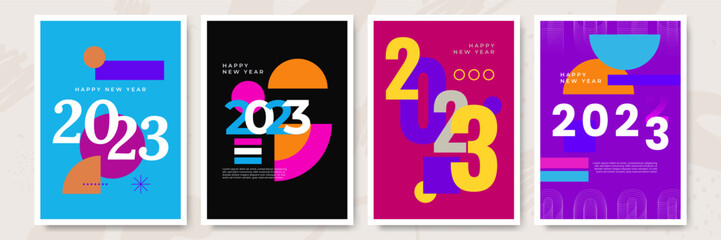 Fototapeta premium 2023 Colorful of Happy New Year posters. Abstract design with typography style. Vector logo 2023 for celebration and season decoration, backgrounds for branding, banner, cover, card and more