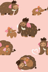 Sweet mother mammoth with her baby seamless pattern. Vector illustration