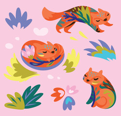 Obraz premium Set of cute foxes with floral elements. Vector illustration