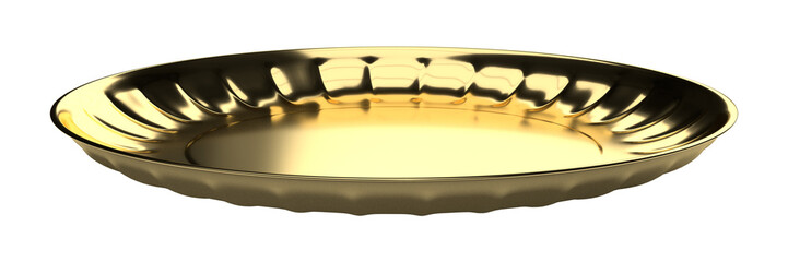Isolated Side View of Gold or Copper Plate, Old Crockery on White Background. Realistic Shot of 3D Render Illustration.