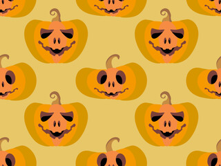 Halloween pumpkins seamless pattern. Halloween carved pumpkin face. Happy Halloween October 31st, trick or treat. Design for print, posters and banners. Vector illustration