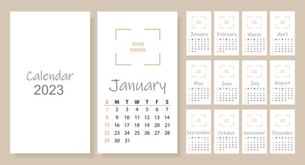 The design of the wall calendar template for 2023. Monthly creative calendar layout. Vector illustration, The week starts on Sunday. 