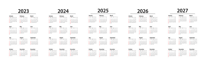 Calendar 2023, 2024, 2025, 2026, 2027. The week starts on Sunday. Corporate design planner template.