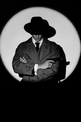 A dark silhouette of a male detective in a coat and hat with a gun in his hands in the noir style. A dramatic portrait in the style of detective films of the 1950s. The silhouette of a spy in a circle