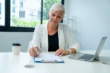 Successful businesswoman working with laptop at her office desk, Concept of business risk analysis...