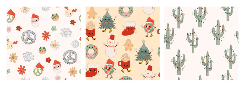 Christmas seamless pattern collection with hippie groovy style. Editable vector illustration.