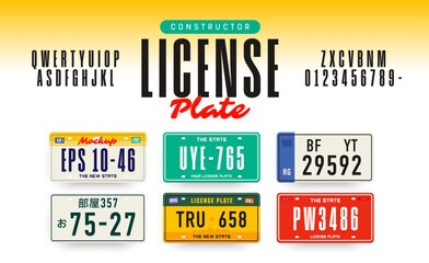 License plate constructor. License car plates. Embossed latin alphabet, aluminum nameplates with squeezed out abstract numbers and letters, tags and frames template. Auto registration vector element