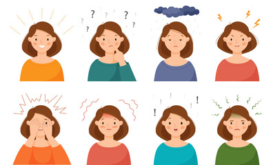 Set of emotions - joy, doubt, surprise, sadness, anger, fear, embarrassment, disgust. Cute woman experiences different emotions.