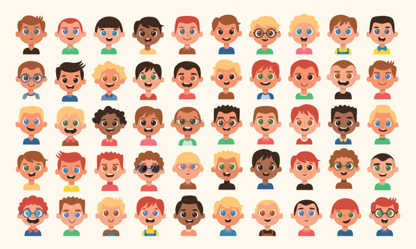 Cute Children avatar collection. 50 boys avatar. Diverse hair color and styles, eyes and skin color, noses and mouth shapes, clothing and accessories.