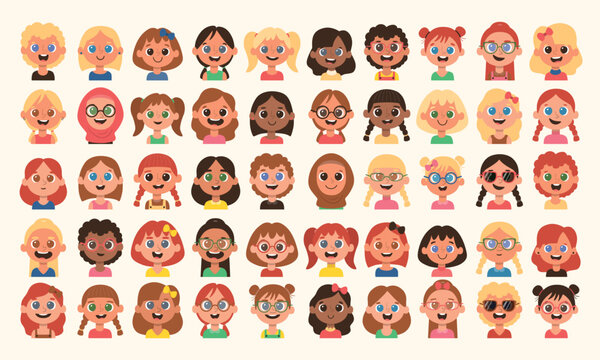 Cute Children avatar collection. 50 girls avatar. Diverse hair color and styles, eyes and skin color, noses and mouth shapes, clothing, and accessories.