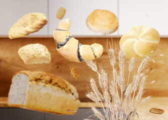 Wheat ears, bread, pastries. Celiac disease and gluten intolerance concept. Healthcare, healthy eating, healthy lifestyle, gluten free diet. 3D rendering.