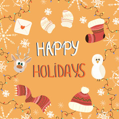 New Year greeting card on orange background with deer, owl and cozy winter clothes.