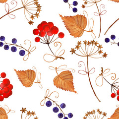 Seamless pattern of blue and red berries and dry blades of grass with rope bows on a white background. Watercolor drawing.