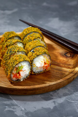 Tempura Maki Sushi Deep Fried Sushi Roll Served on wooden board