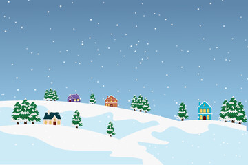 Winter landscape background. snowy day with fir trees, coniferous forest, house, snowfall, Forest landscape for winter holidays and new year. Holiday winter landscape. Christmas vector background.