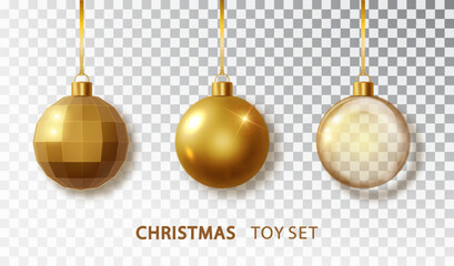 Gold Christmas tree balls set with isolated on transparent background. Realistic hanging gold christmas balls. Xmas holiday celebration decor.