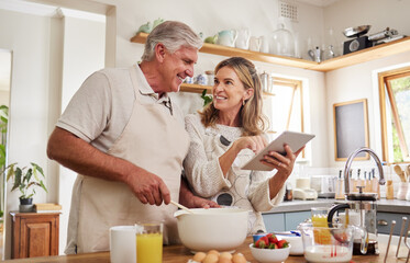 Cooking, tablet and senior couple with video for breakfast food on the internet in the kitchen of...
