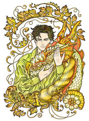 Colorful illustration with fantasy dragon and handsome warrior character boy, hero man or prince isolated on white, manga cartoon style