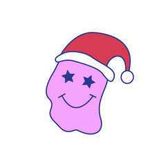 Christmas groovy crazy smile face and Santa hat in 70s retro style.