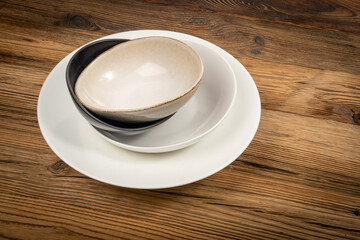 Various Bowl Stack Mockup on Rustic Wooden Texture Background