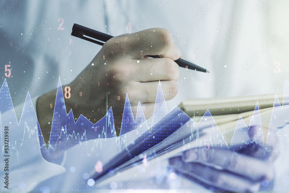 Poster Multi exposure of abstract graphic data spreadsheet sketch with man hand writing in diary on background, analytics and analysis concept