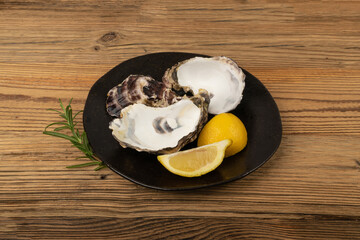 Empty Oyster Shell on Wood Table, Eaten Mollusc