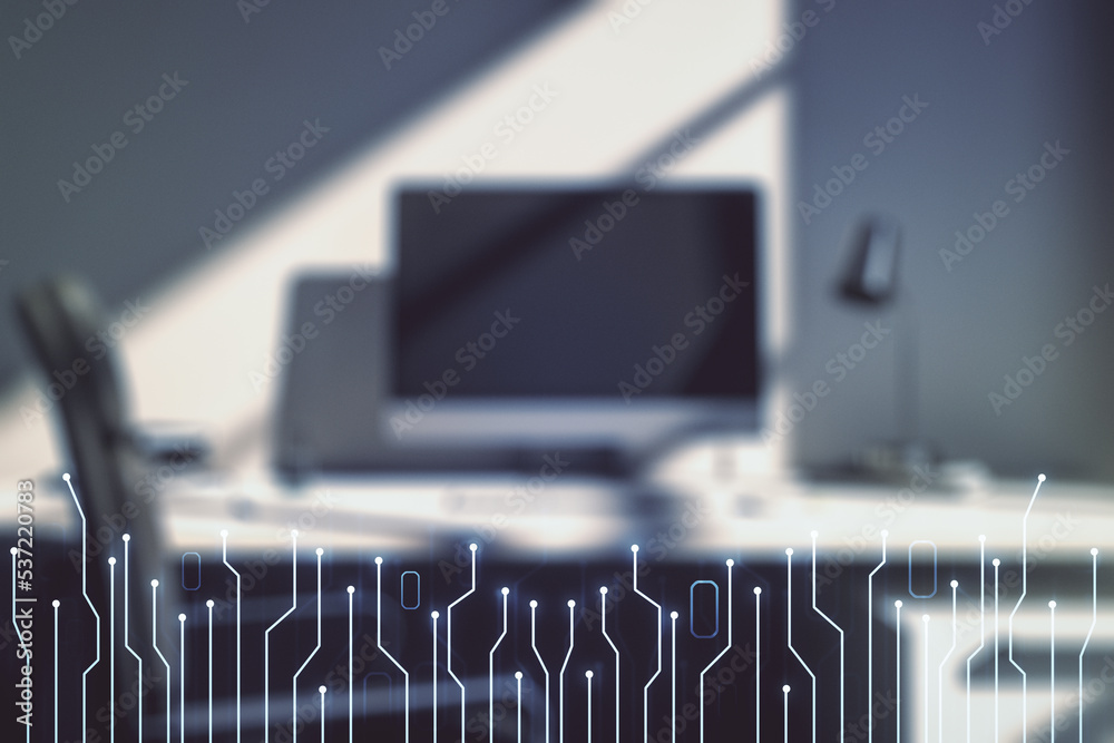 Poster Creative abstract micro chip hologram and modern desktop with pc on background, artificial intelligence and machine learning concept. Multi exposure