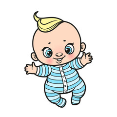 Cute cartoon baby doll in overalls color variation for coloring page on a white background