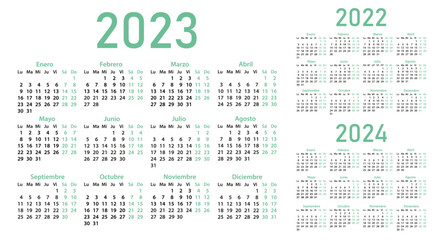 Calendars in Spanish for 2022, 2023, 2024 on a white background. Calendar grids, pocket calendar. Vector illustration. The week starts on Monday. Vector illustration.