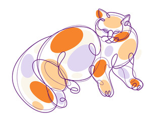 Fat and lazy cat line art vector illustration, linear drawing of pussycat relaxing, minimal outline sketch of cute domestic pet.