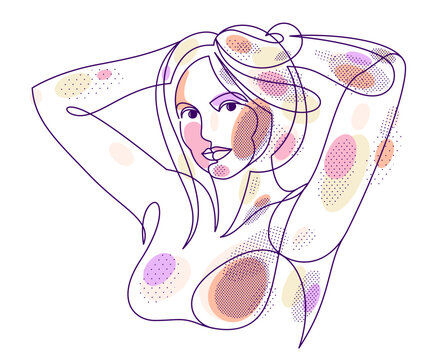 recommend clip art: Beautiful face of attractive woman vector linear drawing, sensitive emotional line art adult girl portrait, feminine abstract face line art.