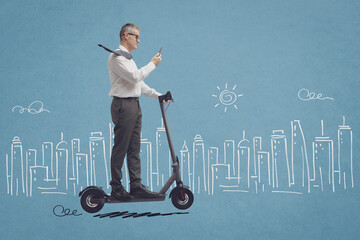 Businessman riding an electric scooter and sketched city