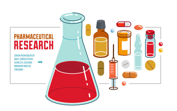 Pharmaceutical research vector illustration with chemical flask and different medicine vector, medical science concept.