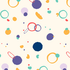 Abstract colorful vector seamless pattern. Different forms, textures. Round  blue, yellow, pink splashes, dots. Desktop, phone wallpaper. Textile design.