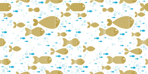 Funny cartoon fishes vector seamless background, cute childish pattern for children textile or wrapping paper or packaging for seafood products.