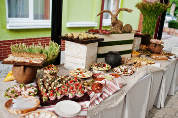Buffet table of reception with cold snacks, meat and salads.