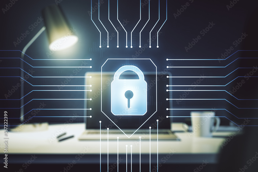 Poster Creative light lock illustration with microcircuit on modern computer background, cyber security concept. Multiexposure