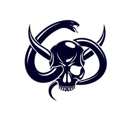 Horned skull with snake devil evil sign, vintage vector design of classic style crest, coat of arms, death and rebirth concept tattoo,