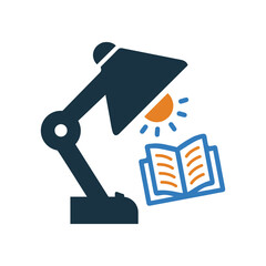 Desk, table, lamp, open book, read icon. Simple flat design Concept.