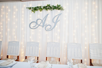 Wedding table set up in restaurant.