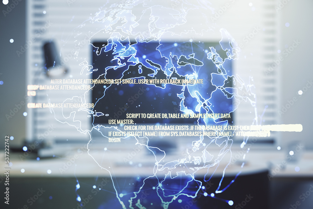 Poster multi exposure of abstract creative coding sketch with world map on modern laptop background, artifi